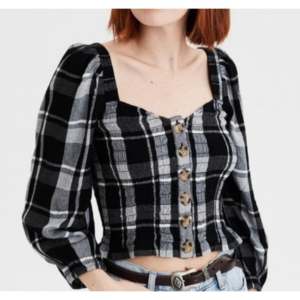 New American Eagle Plaid Crop Top Large Black White Smocked Button Front Boho
